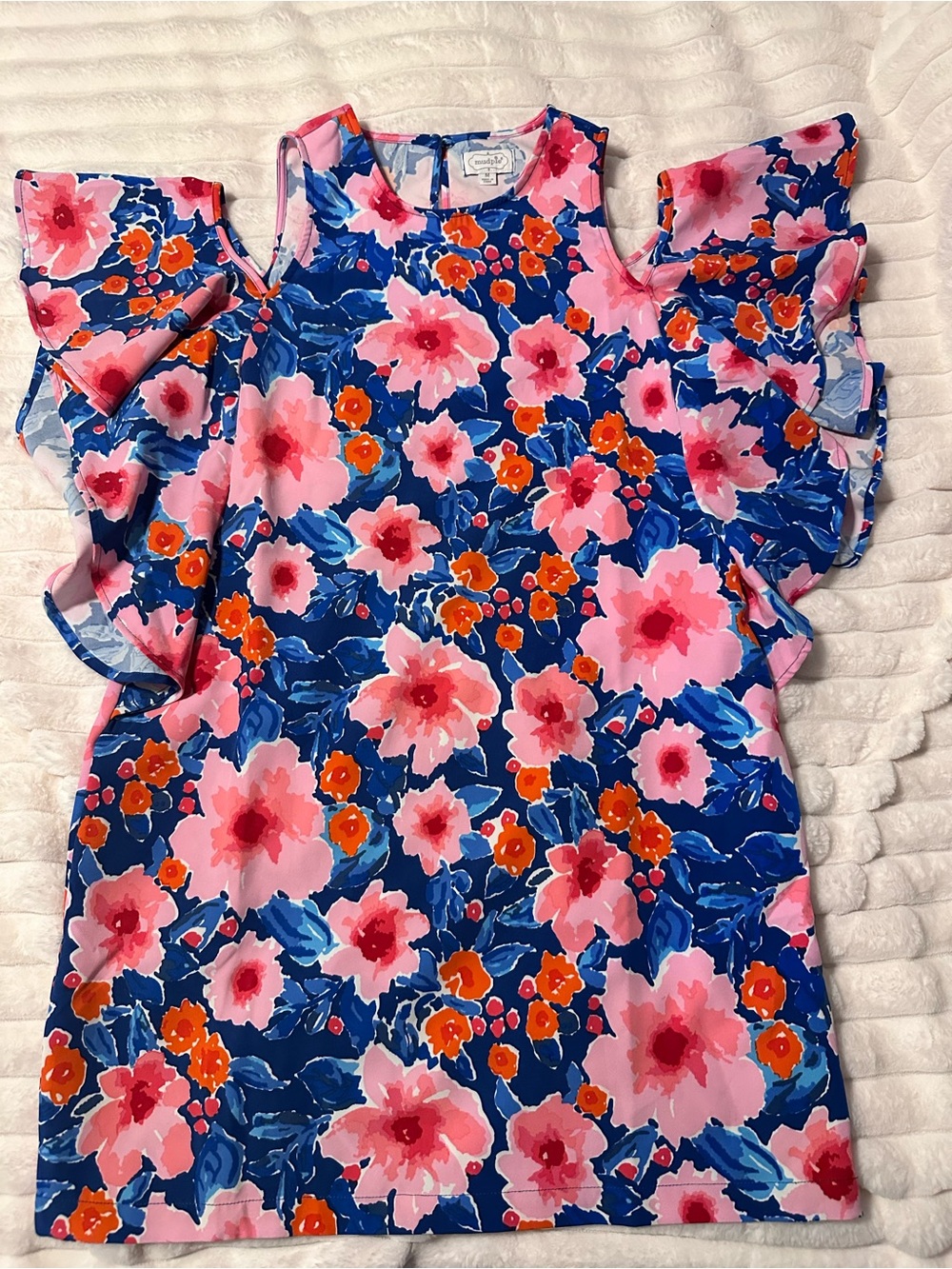 Mud Pie Blue Floral Cold-Shoulder Ruffle Sleeve Dress with Pink & Orange Blooms